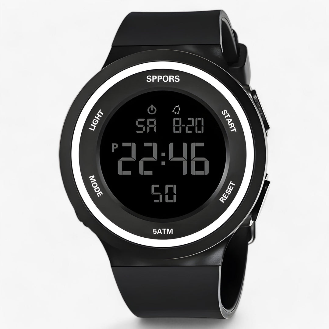 Hochwertige, digitale Armbanduhr: wasserdicht, robust & sportlich, mit klarer LED-Anzeige für Outdoor.