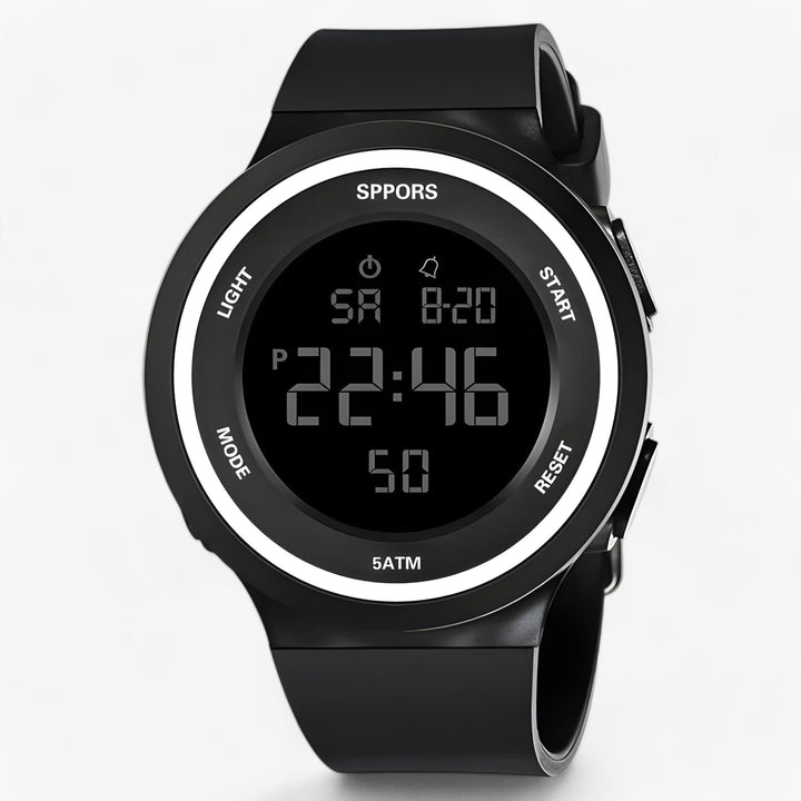 Hochwertige, digitale Armbanduhr: wasserdicht, robust & sportlich, mit klarer LED-Anzeige für Outdoor.