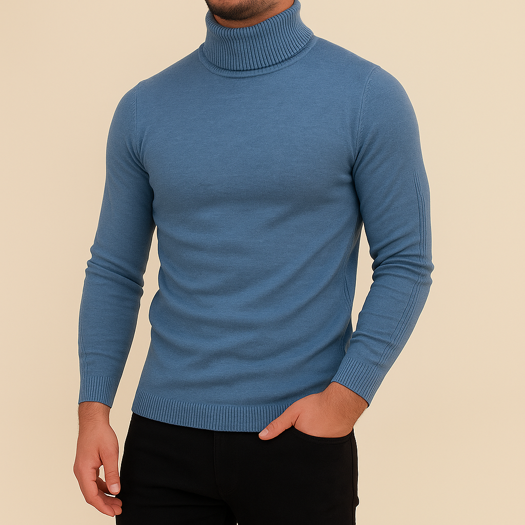 Detaillierter Blick auf einen feinen Herren Slim Fit Rollkragenpullover in eleganter Farbe.