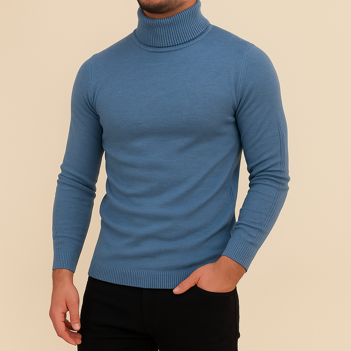 Detaillierter Blick auf einen feinen Herren Slim Fit Rollkragenpullover in eleganter Farbe.