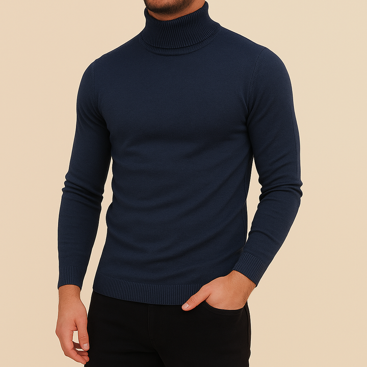 Mann im schwarzen Herren Slim Fit Rollkragenpullover, elegantes Oberteil für den Winter.
