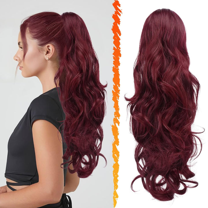 Rote Pferdeschwanz Haarverlängerung Veloura 55cm, einfach anzubringen für ein schnelles Umstyling.