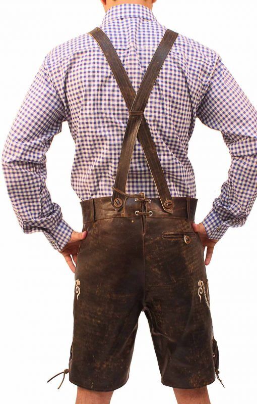 Elegante, traditionelle Herren Oktoberfest Lederhose, braun & bestickt. Ideale Trachtenmode für Volksfeste & Bayern.