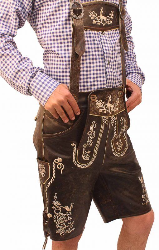 Authentische Herren Lederhose für die Wiesn mit traditioneller Stickerei, perfekter Sitz für Festkleidung & Trachtenmode.