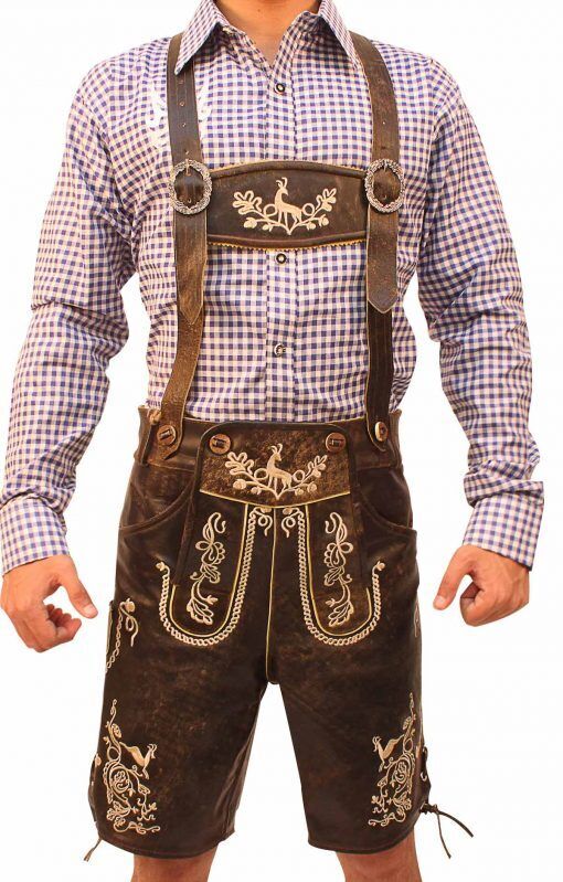 Traditionelle braune Herren Lederhose für Oktoberfest, aufwendig bestickt, perfekte Trachtenmode für Bayern & Volksfeste.