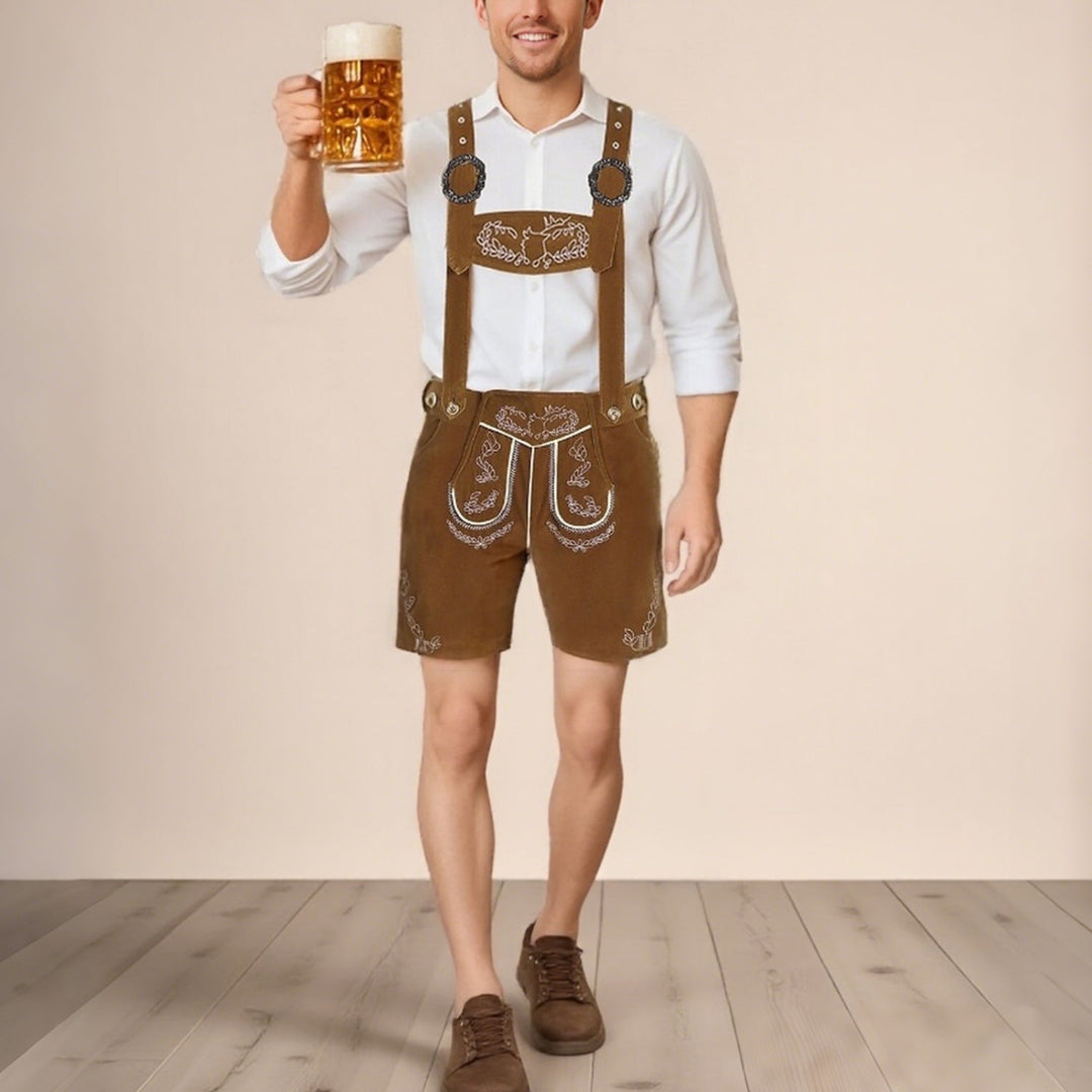 Braune Herren Oktoberfest Lederhose mit traditioneller Stickerei. Perfekt für Trachten und Volksfeste.