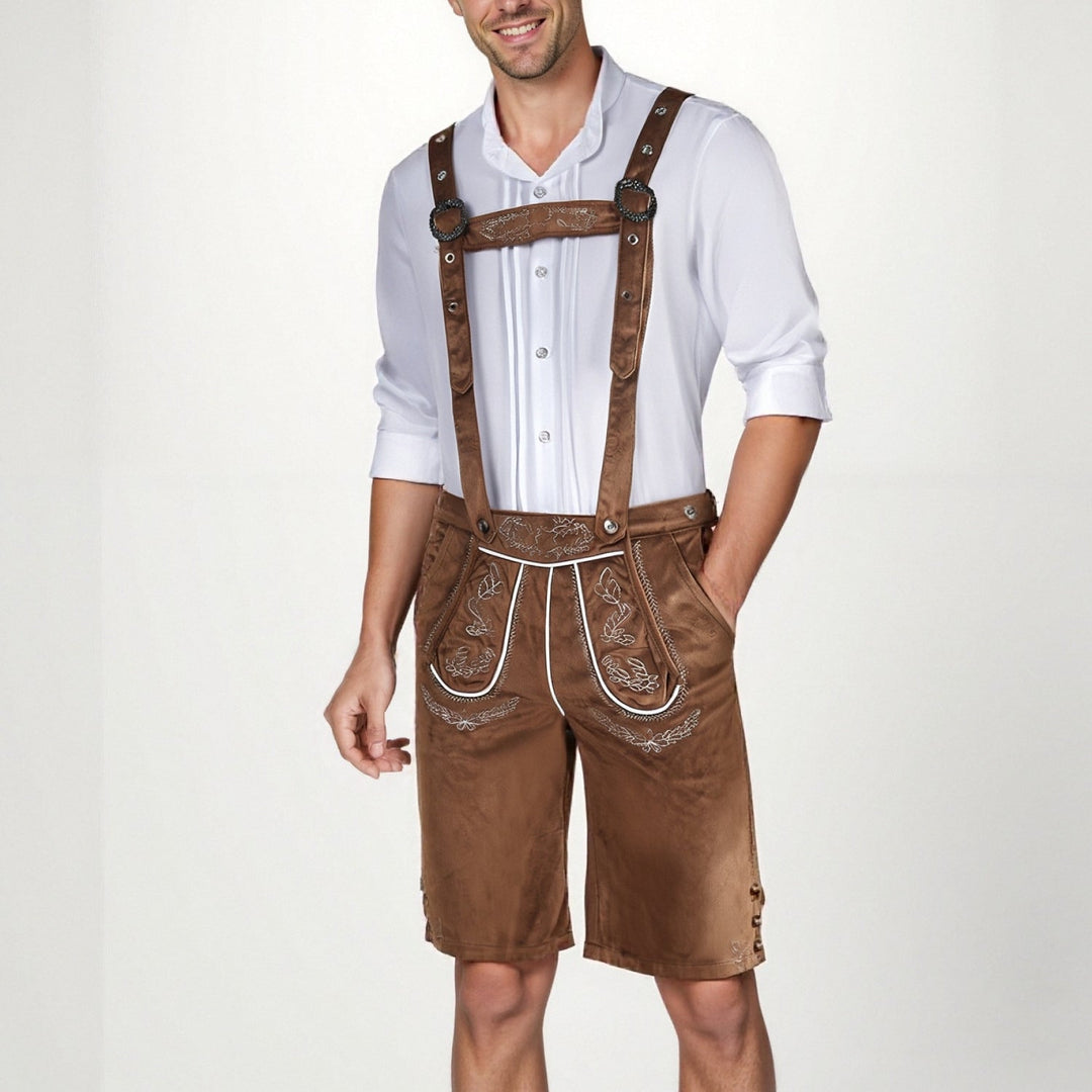 Herren Trachten-Set: Braune Lederhose & kariertes Hemd. Perfekt für Oktoberfest & bayerische Feste.