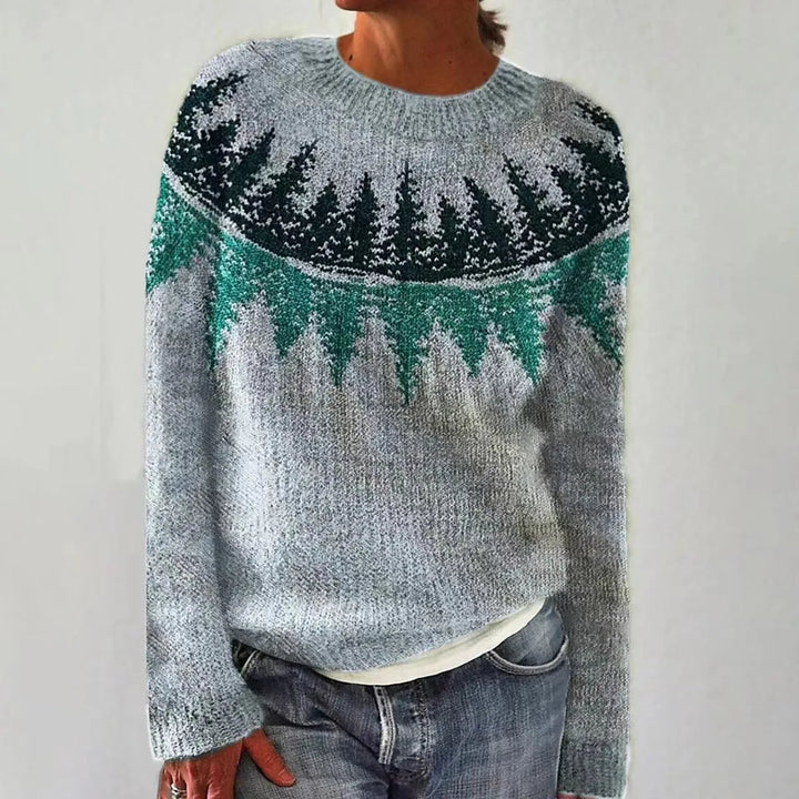 Farbenfroher Damen Retro-Pullover mit Langarm. Ein gemütliches Strickoberteil für Frauen, perfekt für kalte Herbsttage.