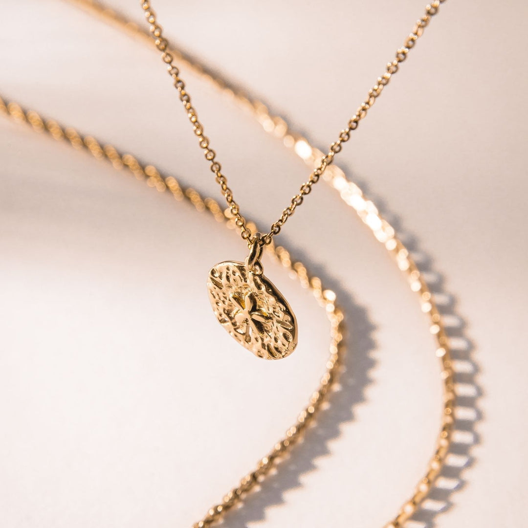 Nahaufnahme der goldenen Sanddollar-Halskette für Damen, maritimes Design, hypoallergen.