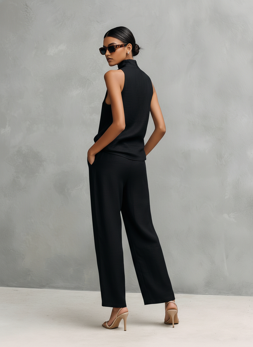 Vielseitiges Damen Sommer Set, bequemer Zweiteiler mit schlichtem ärmellosem Oberteil und langer Hose für jeden Tag.