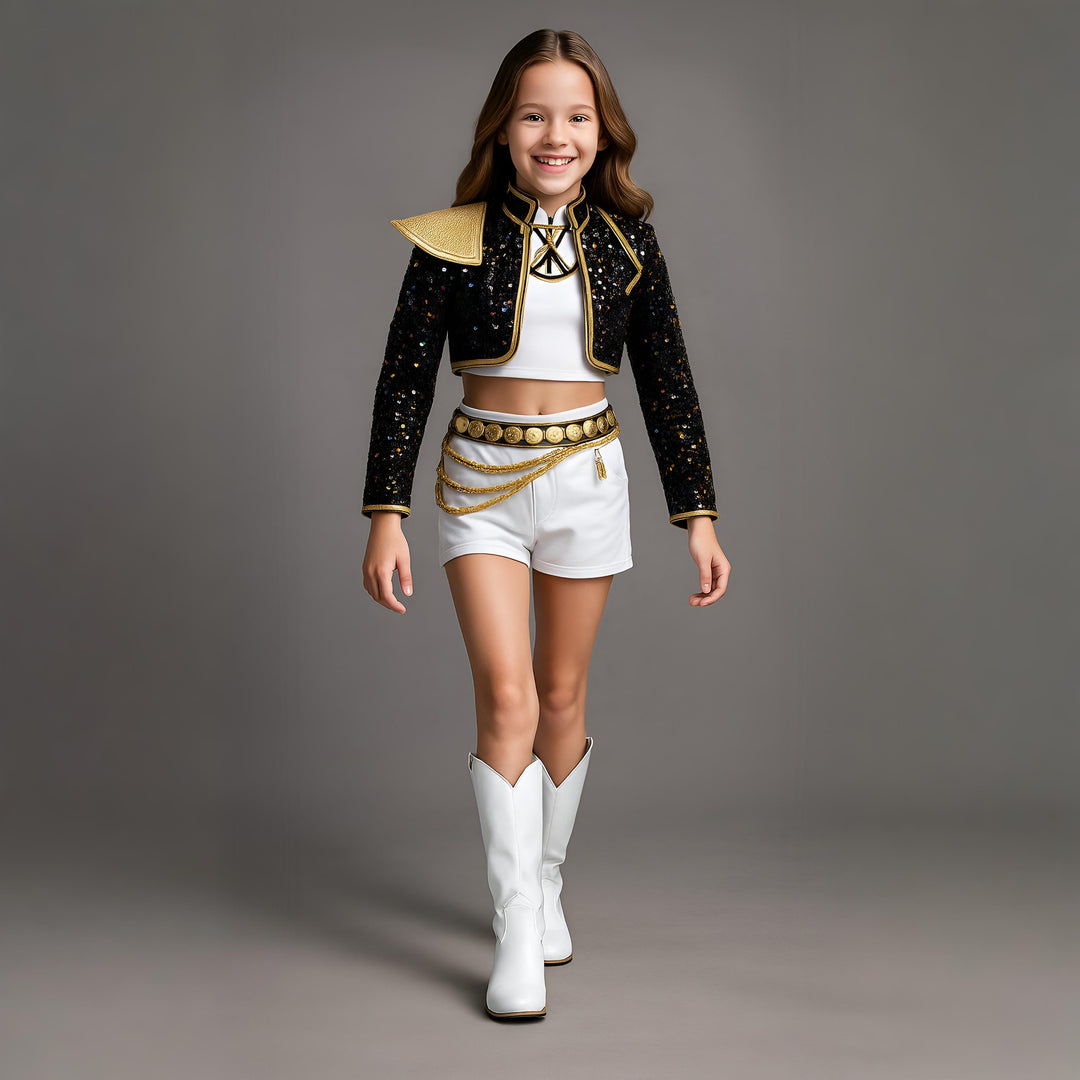Schwarz-goldenes Unisex Glitzer Pailletten Bühnenkostüm für Kinder, ideal für Karneval & Shows.