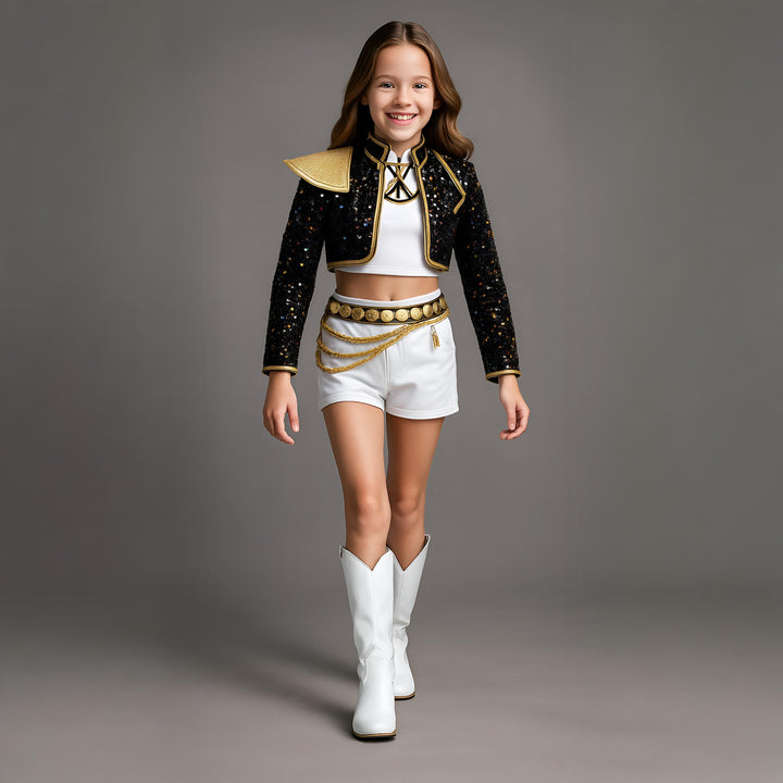 Schwarz-goldenes Unisex Glitzer Pailletten Bühnenkostüm für Kinder, ideal für Karneval & Shows.