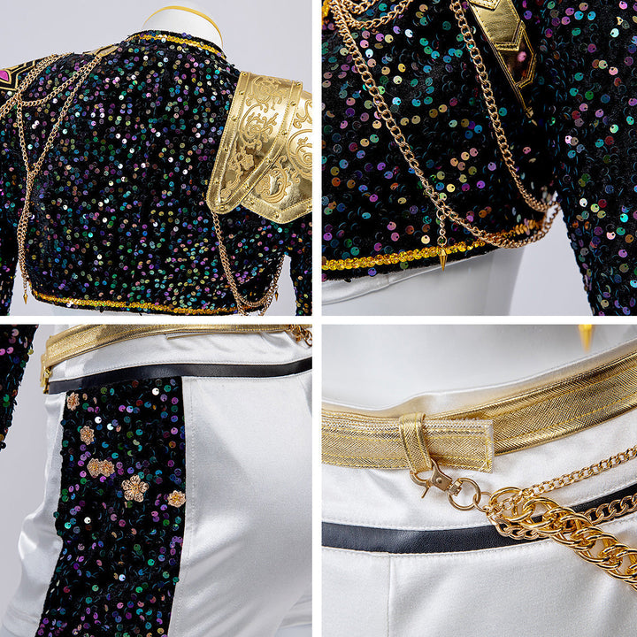 Funkelndes schwarz-goldenes Pailletten-Showoutfit für Kinder, unisex, vielseitig für Party & Bühne.