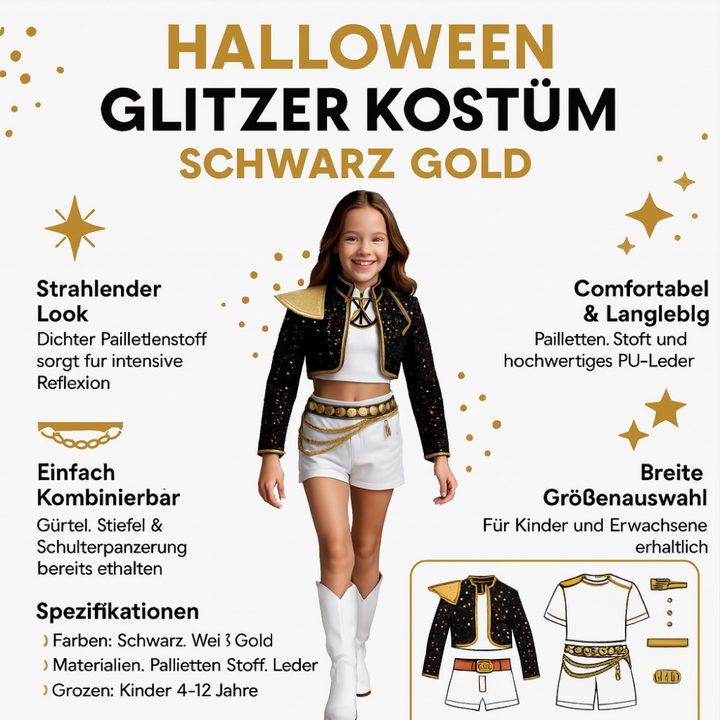 Unisex Kinder-Partykostüm mit schwarzen & goldenen Pailletten, perfekt für Karneval & Feiern.
