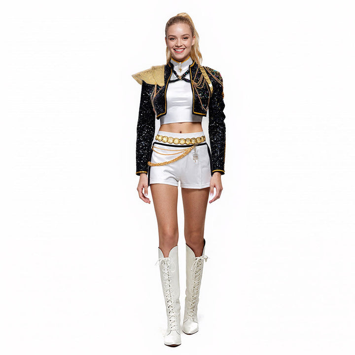 Elegantes schwarz-goldenes Glitzer Pailletten Kinderkostüm für Festlichkeiten und Cosplay.