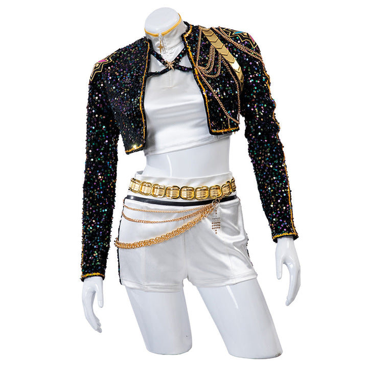 Unisex Kinderkostüm: Schwarz-goldenes Showoutfit mit funkelnden Pailletten für Bühne & Party.