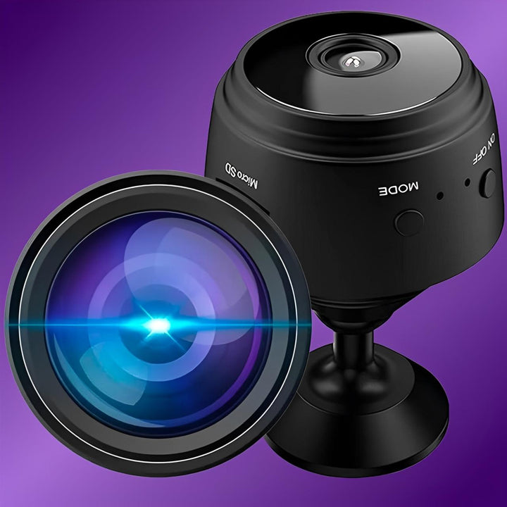 Schwarze kabellose Mini-Überwachungskamera für diskrete Heimüberwachung, WLAN & Nachtsichtfunktion.