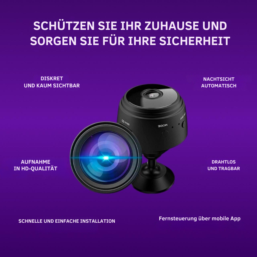 Mini WLAN-Kamera für Heimüberwachung, bietet Fernzugriff, Nachtsicht & erhöhte Sicherheit.