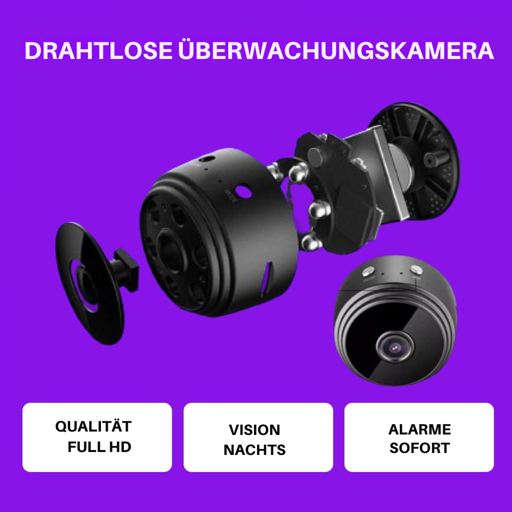 Diskrete schwarze Mini-Überwachungskamera kabellos, mit HD-Video und Bewegungserkennung.