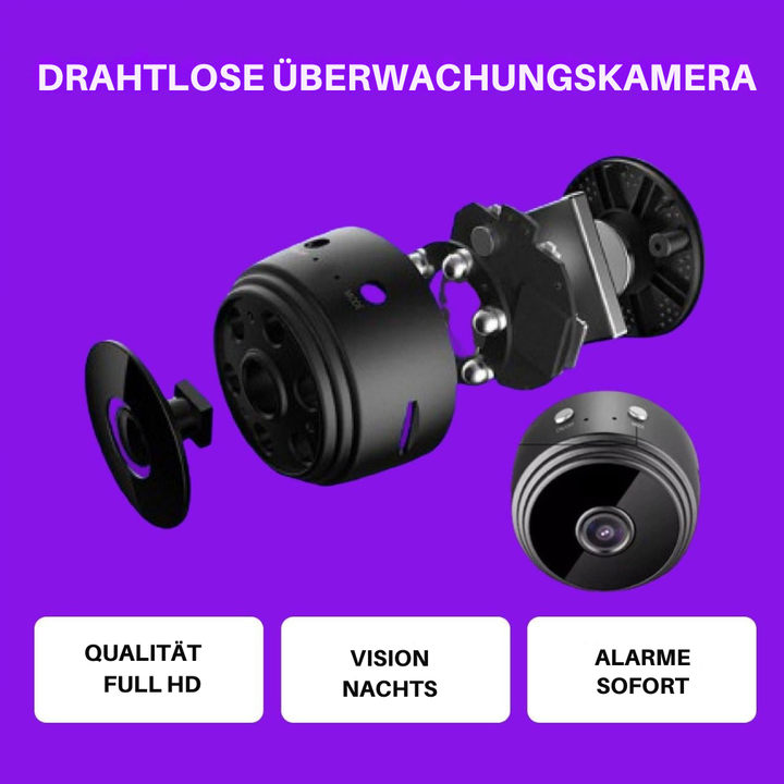 Diskrete schwarze Mini-Überwachungskamera kabellos, mit HD-Video und Bewegungserkennung.