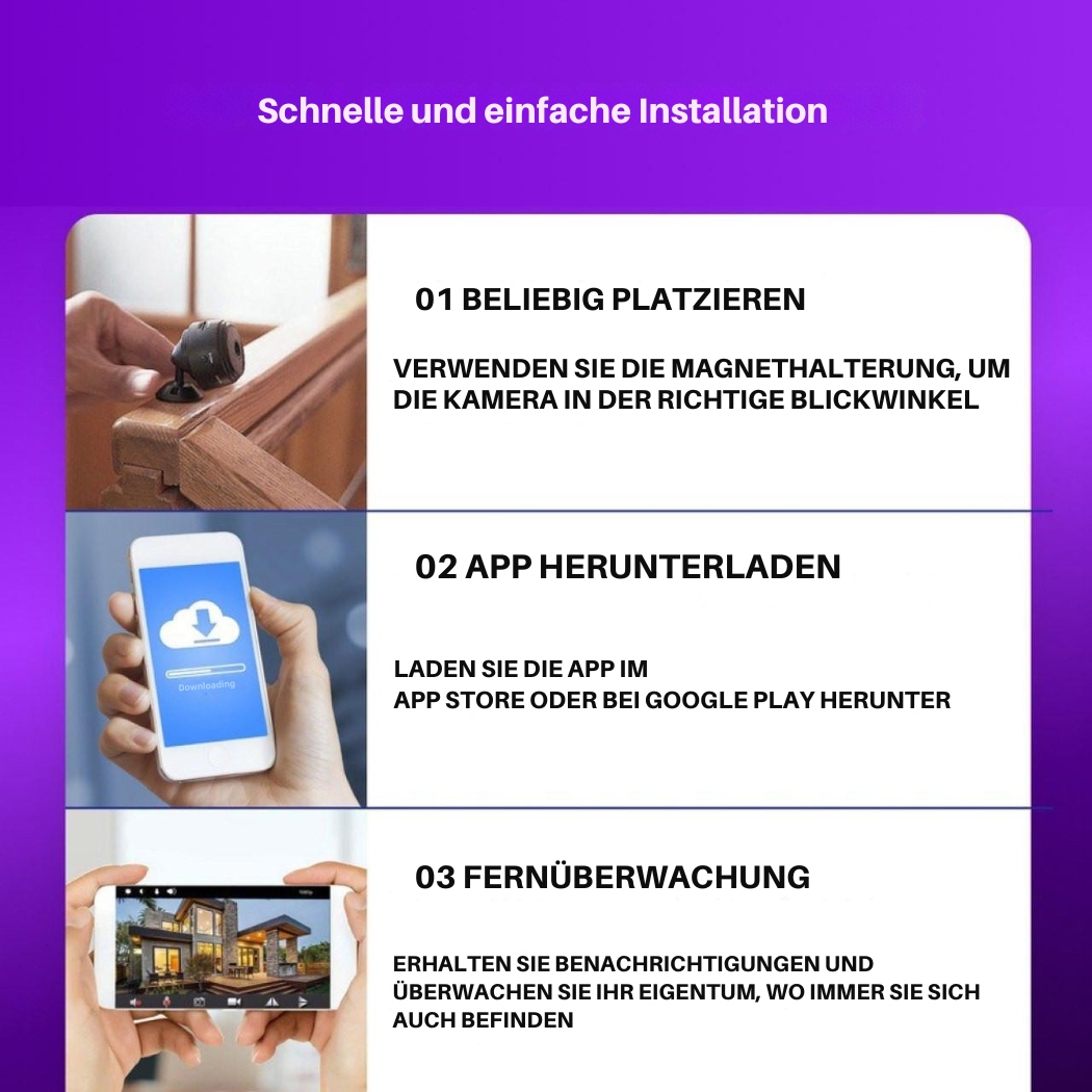 Smart Home Überwachungskamera, kabellos & mini, bietet Sicherheit mit Nachtsicht & Bewegungserkennung.