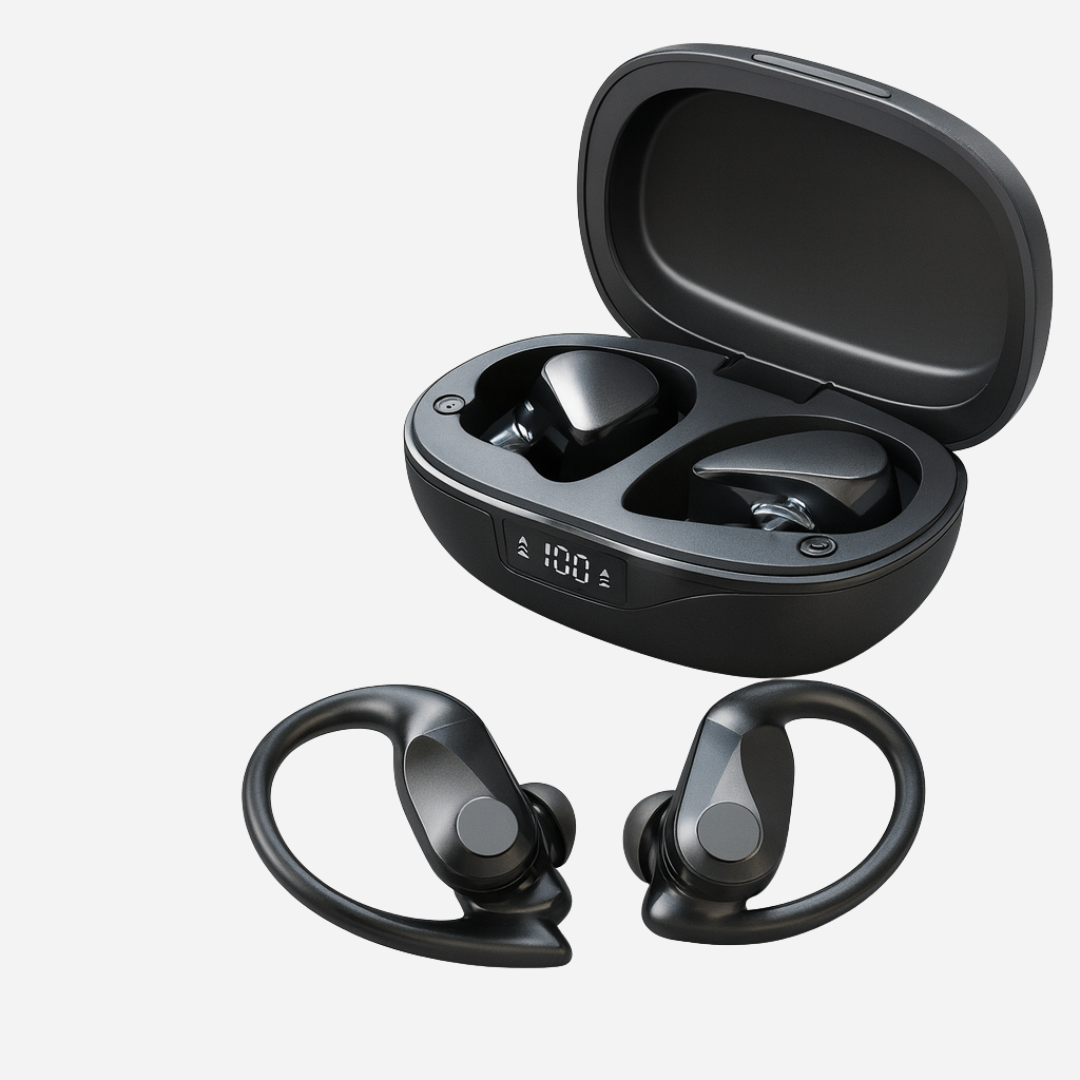Schwarze kabellose Sportkopfhörer mit Bluetooth 5.3, 60h Akku & Premium Sound für Fitness & Training.