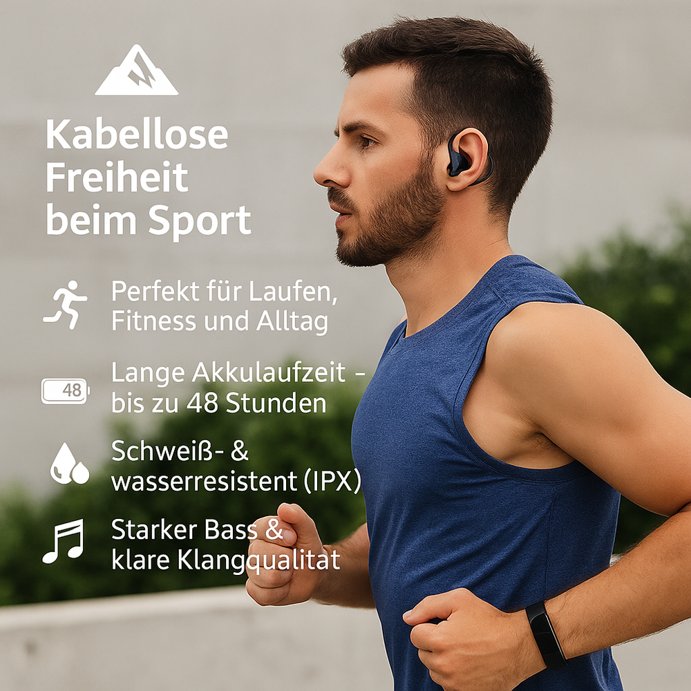 Wasserdichte In-Ear Sportkopfhörer mit stabilen Ohrbügeln, ideal für Fitness & Outdoor-Aktivitäten, Bluetooth.