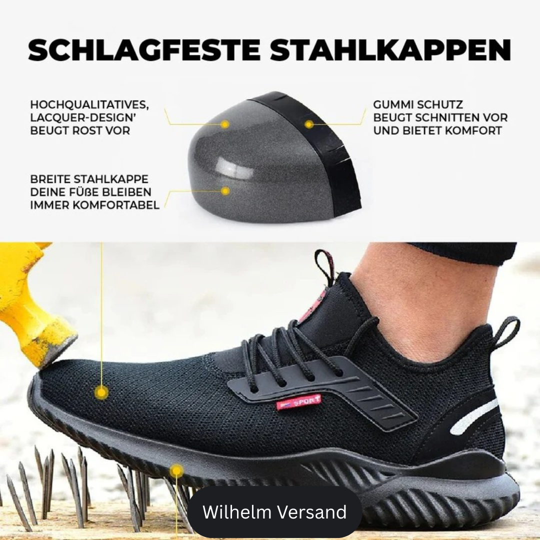 Extrem robuste Herren-Sicherheitsschuhe, knöchelhoch, schwarz, durchtrittsicher & rutschfest.