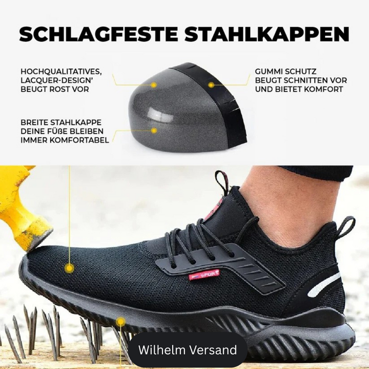 Extrem robuste Herren-Sicherheitsschuhe, knöchelhoch, schwarz, durchtrittsicher & rutschfest.
