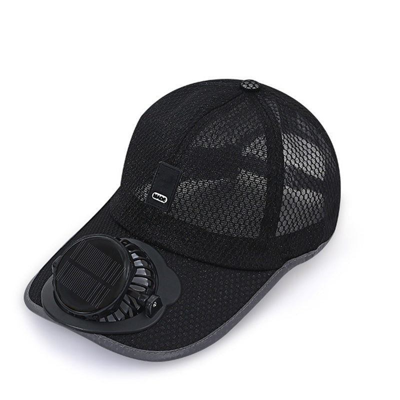 Schwarze Unisex Solar-Kühlkappe mit Ventilator & UPF50 UV-Schutz. Ideal für Outdoor, Sport & Wandern im Sommer.