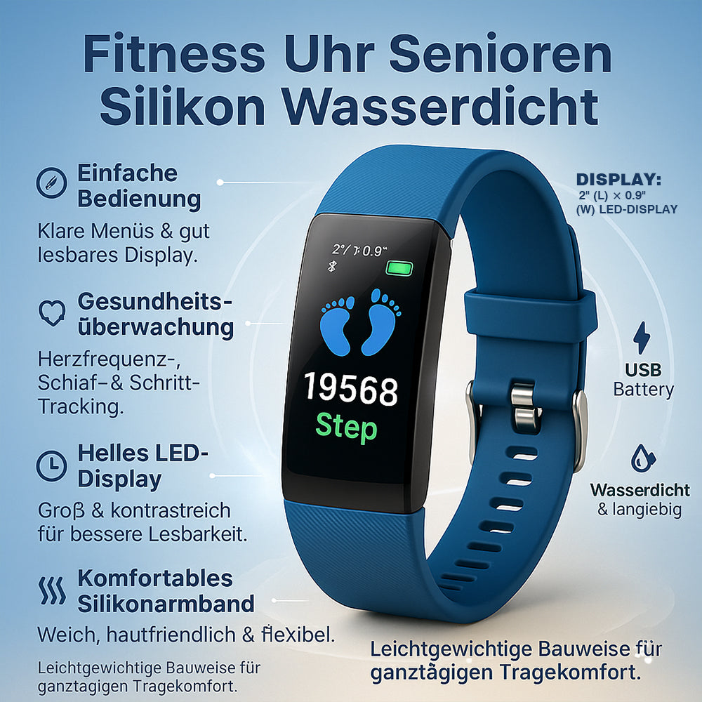 Gesundheitstracker für Senioren: Smartwatch mit Schrittzähler & Herzfrequenzüberwachung.