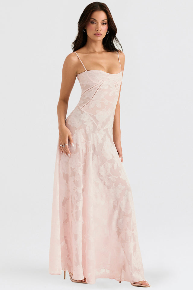 Romantisches Spitzen-Maxikleid. Elegantes Damenkleid für festliche Abende, schimmernd und atemberaubend.