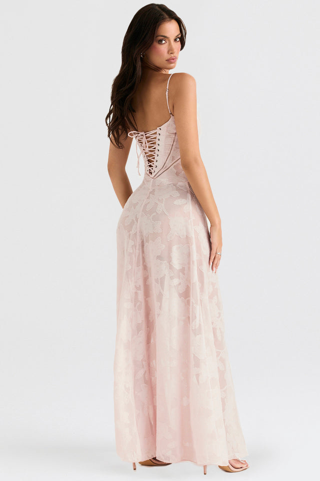 Langes, schimmerndes Damen-Spitzenkleid. Edles Maxi-Abendkleid, perfekt für Hochzeiten und Galas.