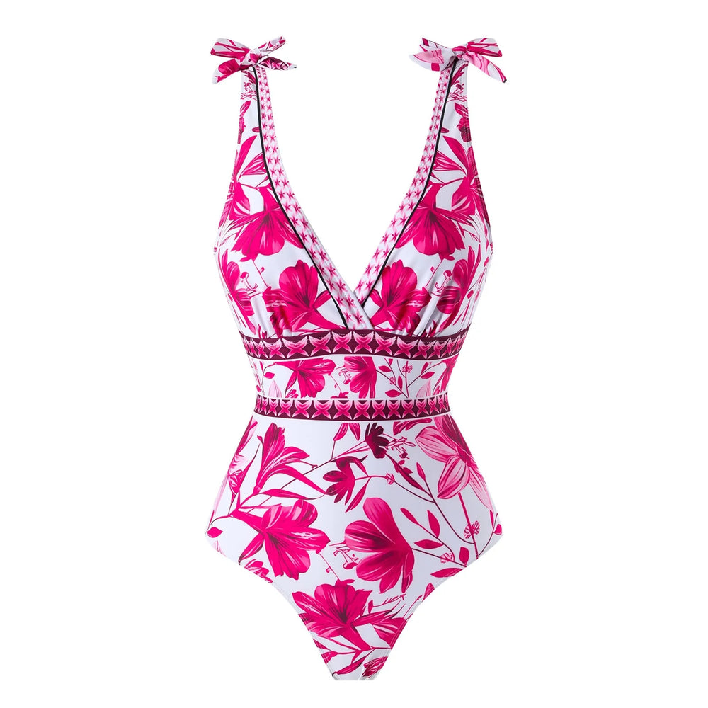 Eleganter Damen Deep V Badeanzug, auch als Strandkleid nutzbar, mit verstellbaren Trägern.