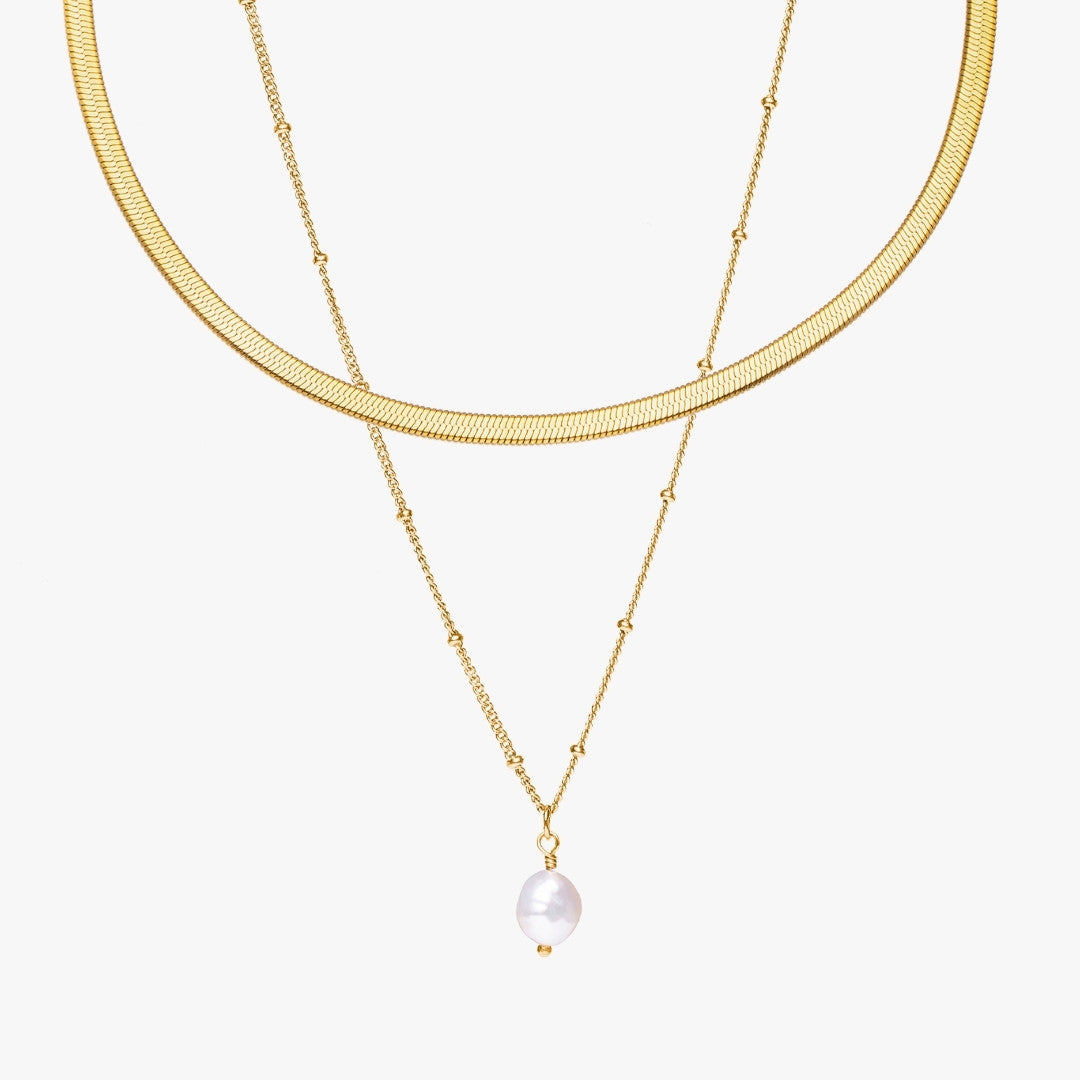 Elegantes Damen Schmuckset Gold: Wasserdichte Herringbone Kette & Süßwasserperlen-Anhänger, hypoallergen.