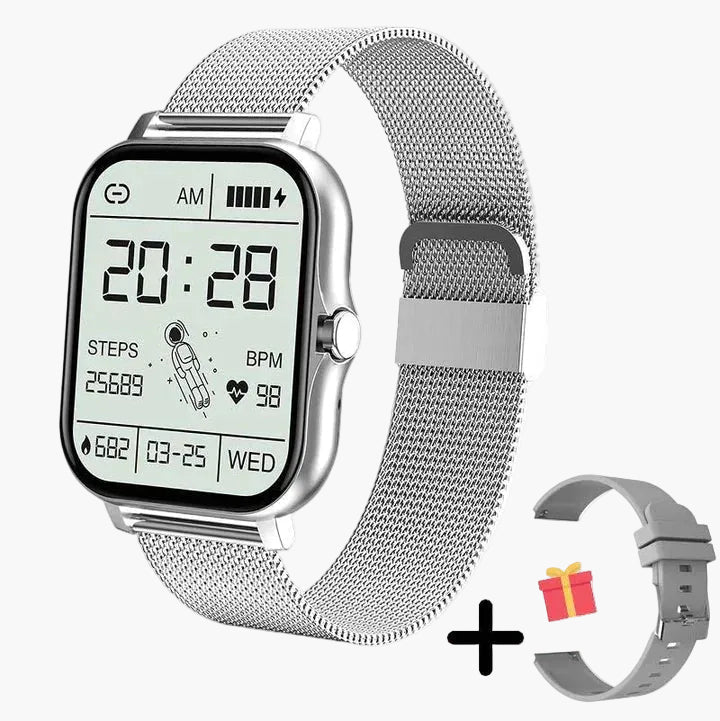 Wasserdichte Damen Smartwatch, ideal für Sport & Alltag, mit robustem Gehäuse und schwarzem Armband.