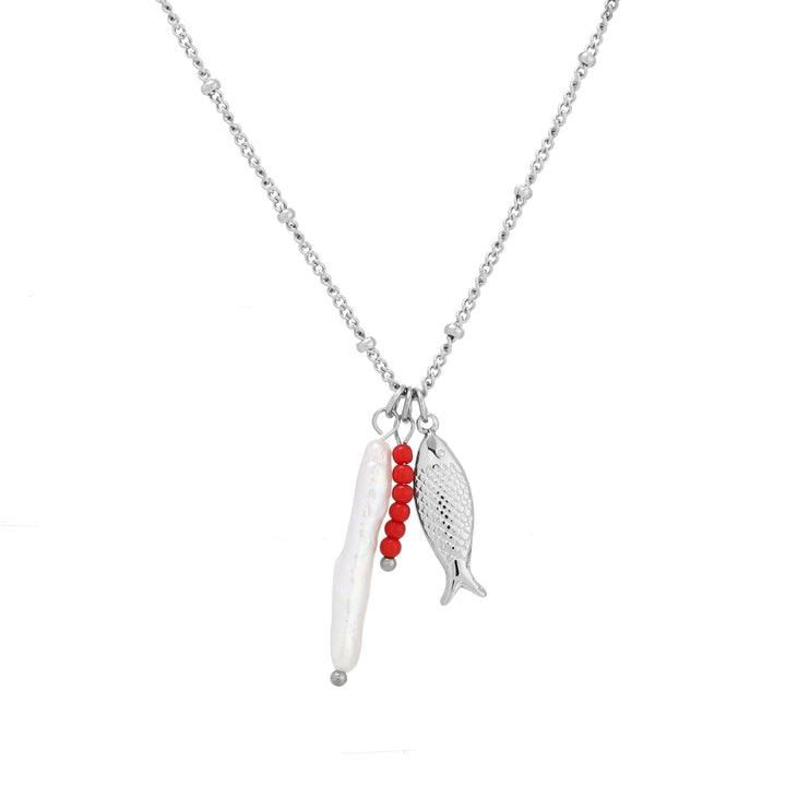 Modernes Design: Damen Halskette mit stilvollem Fisch-Anhänger, Süßwasserperle & roten Perlen. Trendiger Schmuck.
