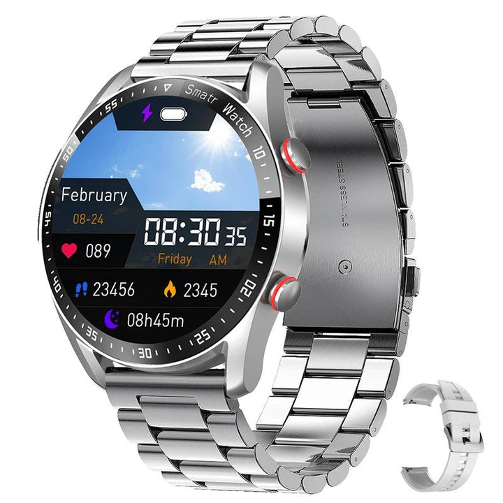 Nahaufnahme Touchscreen Smartwatch unisex: Zeigt EKG-Diagramm, Herzfrequenz und Benachrichtigungen deutlich.