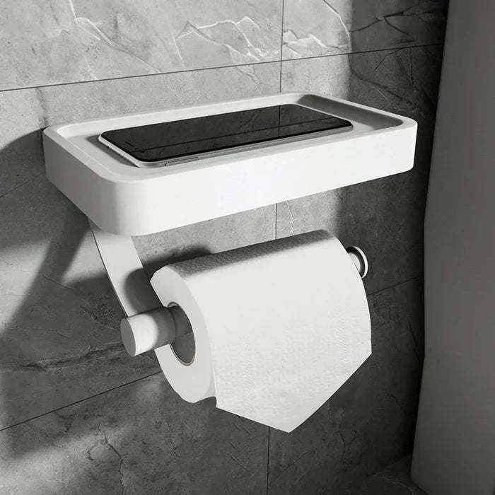 Moderner WC-Halter aus Edelstahl zur Wandmontage, inklusive praktischer Ablage. Funktionales Badzubehör.