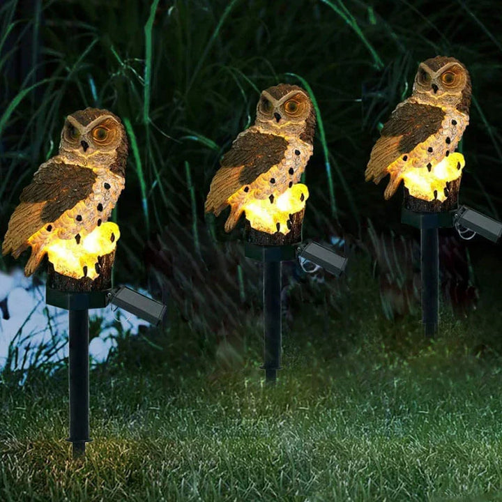 Elegante Solar-Eulenlampe, stimmungsvolle warmweiße LED-Beleuchtung für Garten & Außenbereich. Wetterfest & langlebig.