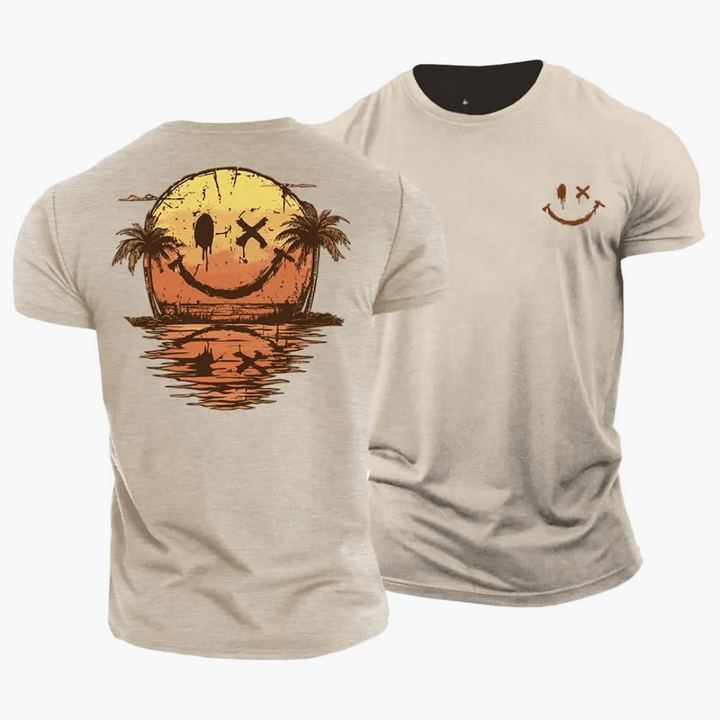 Herren Vintage T-Shirt mit lässigem Smiley, Surfer & Palmen Motiv. Perfekt für den Sommer.