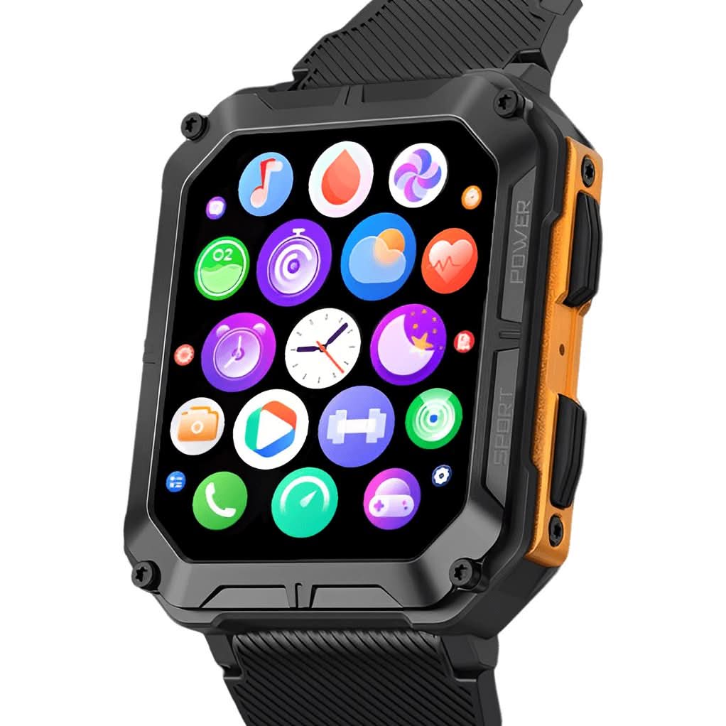 Schwarze & orange ArmorTime Sport Smartwatch, langlebig, wasserdicht, perfekter Begleiter für aktive Lebensstile.