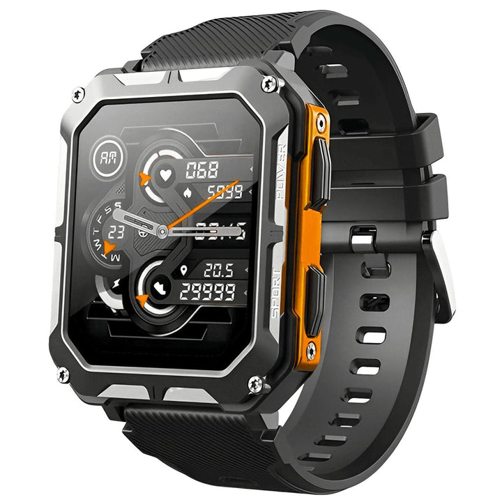 Robuste Unisex Smartwatch ArmorTime in Schwarz/Orange, wasserdicht und stoßfest für Outdoor-Abenteuer.