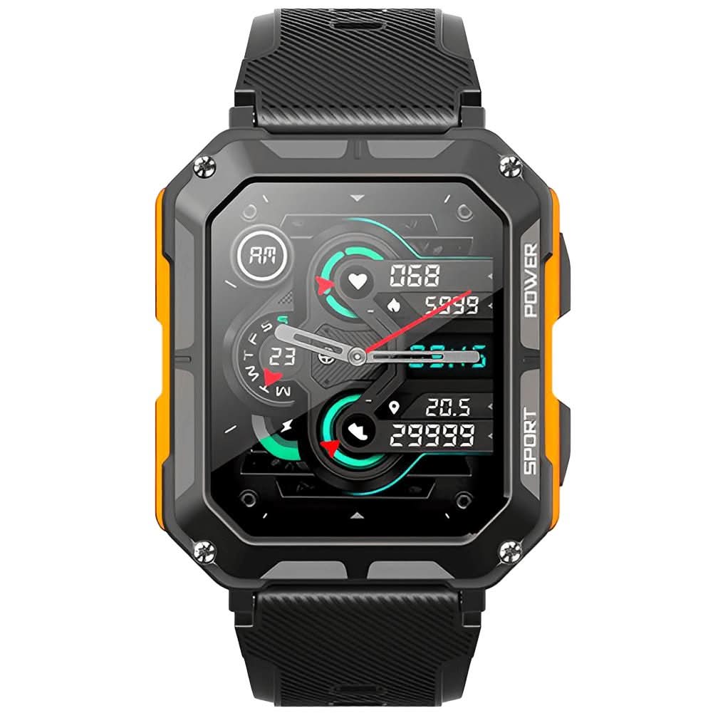 Unzerstörbare Outdoor-Uhr ArmorTime in Schwarz/Orange, wasserdichte und stoßfeste Smartwatch für Extrembedingungen.
