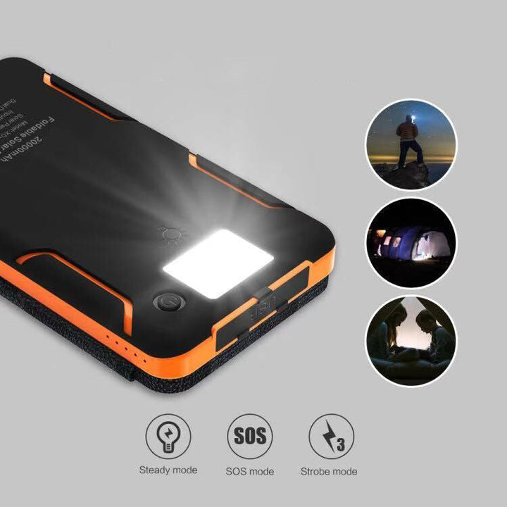 Tragbare Solar Powerbank mit 4 Panels, 3 USB-Ports lädt Handy & Tablet; perfekt für Camping & Reise.