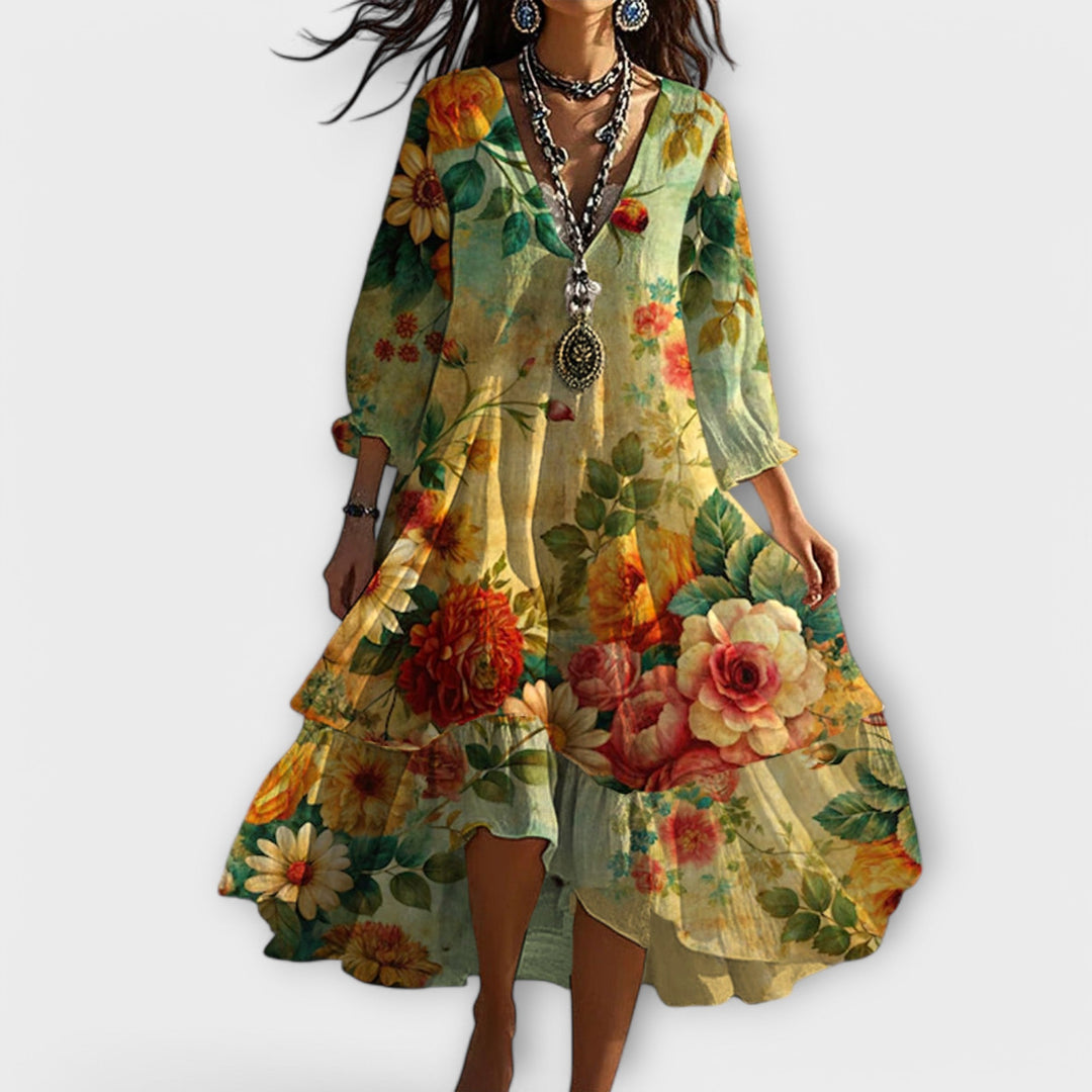 Damen Vintage Boho Sommerkleid mit V-Ausschnitt, Blumenmuster & lässigem Chic. Perfekt als Maxikleid.