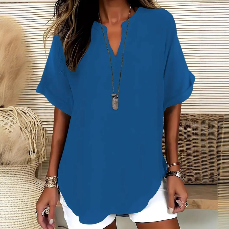 Bequeme Damen Freizeitbluse mit V-Ausschnitt, Kurzarm, Marineblau, lockere Passform für jeden Anlass.