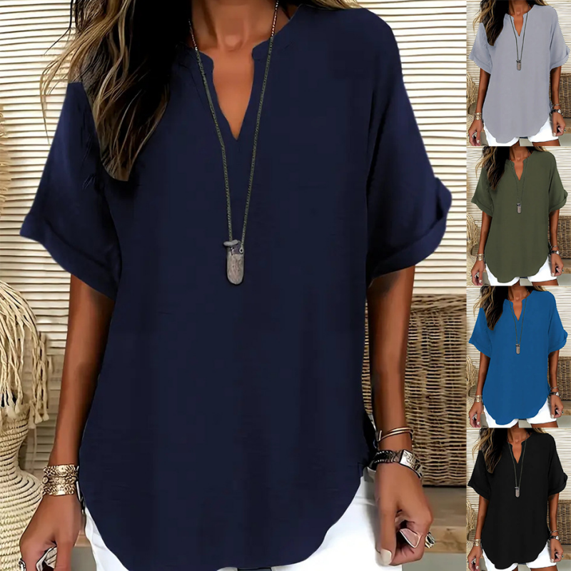 Damen V-Ausschnitt Kurzarm Bluse, lockere Passform, bequem für Alltag & Freizeit.