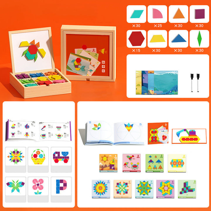 Detailansicht: Magnettafel mit verschiedenen bunten Holzformen für Kinder, ideales Lernspiel zur Frühförderung.