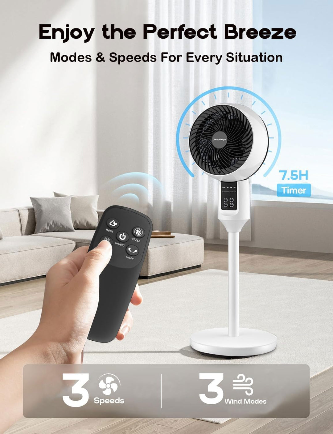 Energiesparender Standventilator Aerion. Leiser Betrieb & 3D-Oszillation für effektive Raumklimatisierung.